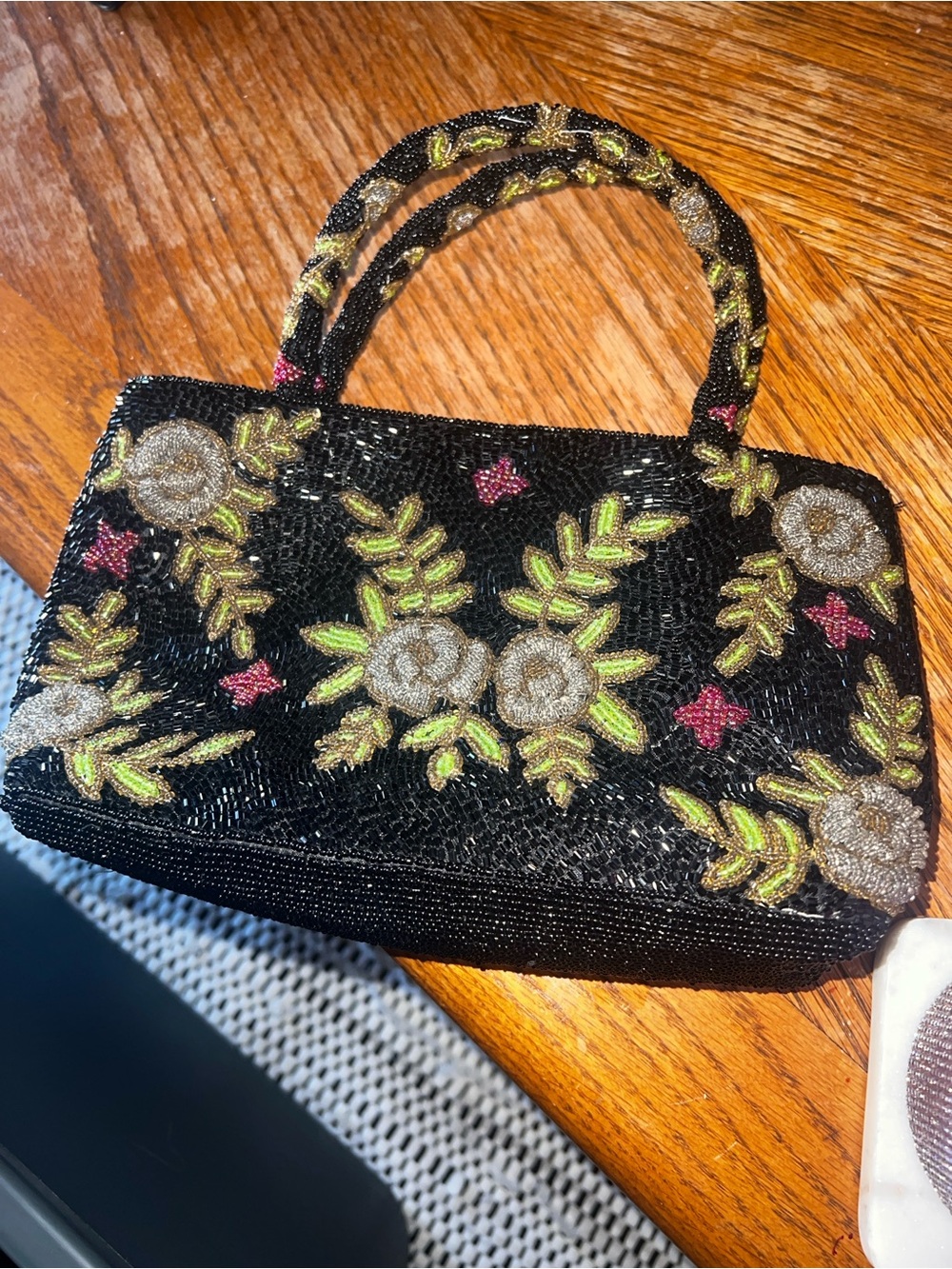 Beaded Floral Black Evening Handbag with Green Accents